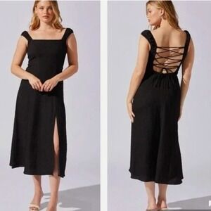 ASTR The Label Size M‎ Medium Black Crinkle Lace Up Back Midi Dress NEW $95